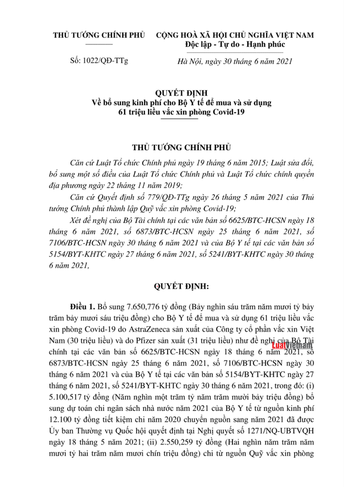 Thủ tướng Chính phủ quyết định bổ sung kinh phí mua 61 triệu liều vaccine phòng COVID-19